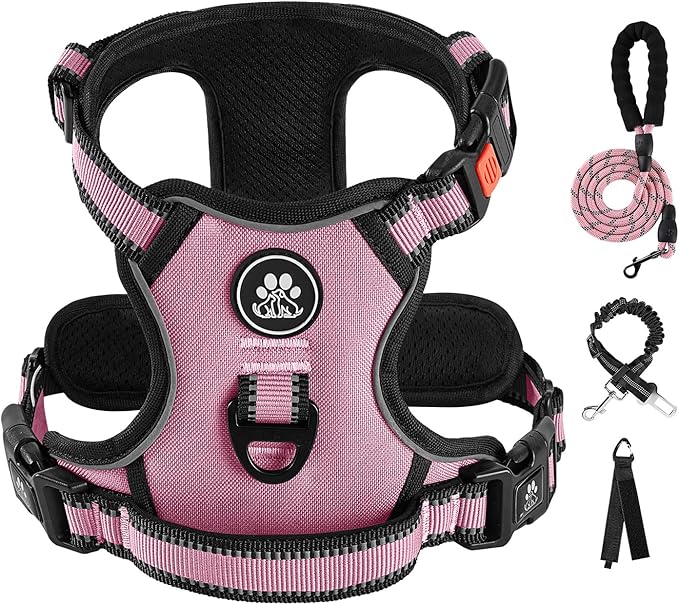 IVY&LANE No Pull Dog Harness for Medium Dogs, Dog Vest Harness with Leash, Safety Belt and Storage Strap, Fully Adjustable Harness, 360° Reflective Strip, Soft Handle (Pink, M)