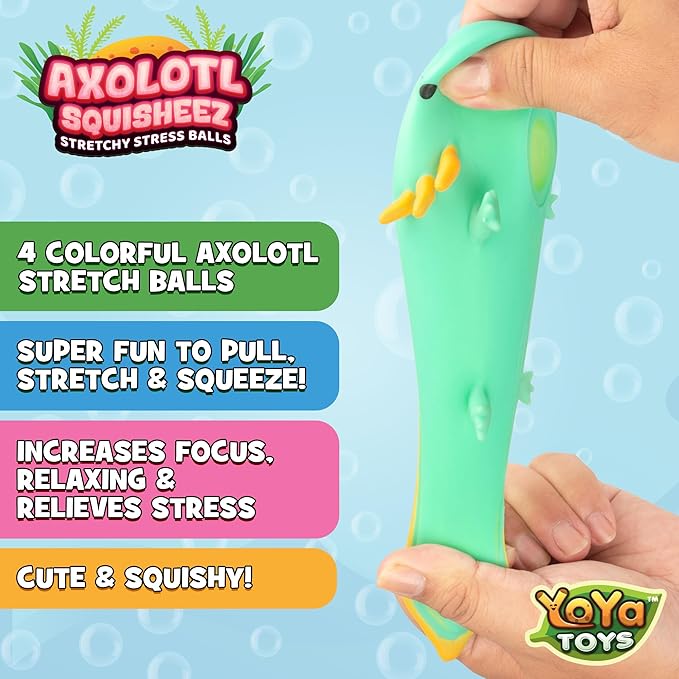 YoYa Toys Squisheez Axolotl 4Pack - Mini Squishy Animal Toys for Stress Relief - Fun and Cute Toys for Kids and Adults - Kawaii Squishies in Pink, White, Green, and Blue