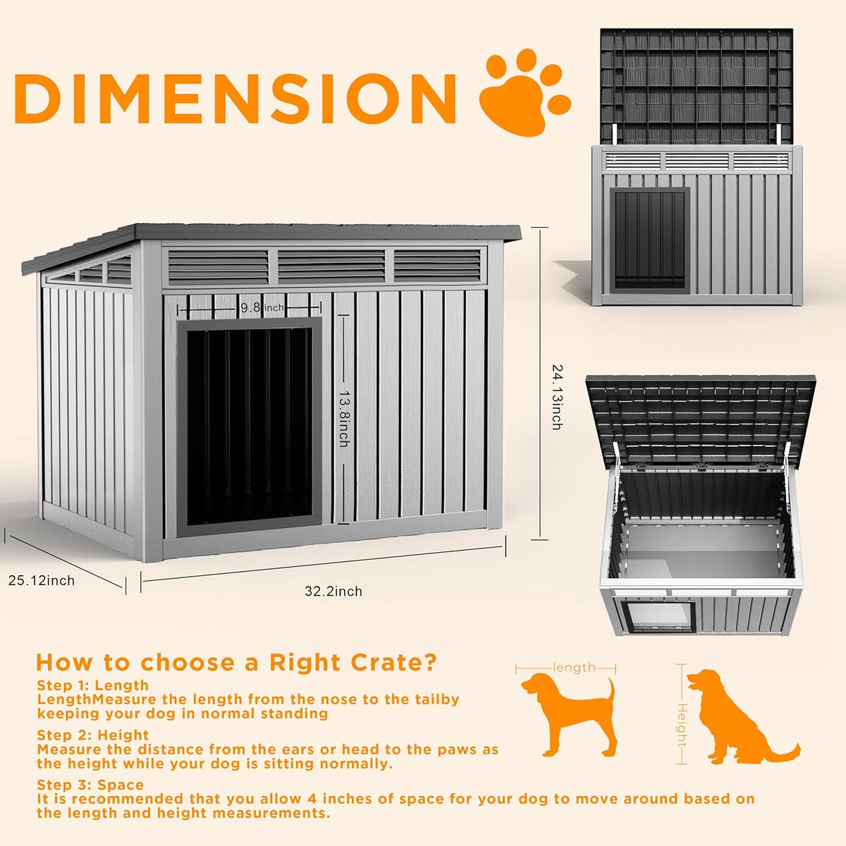 DRATO Dog House for Both Indoor and Outdoor with Weatherproof Roof Removable Floors for Medium to Large Dogs Interior Space (Gray, Medium(32.2 * 25.12 * 24.13''))