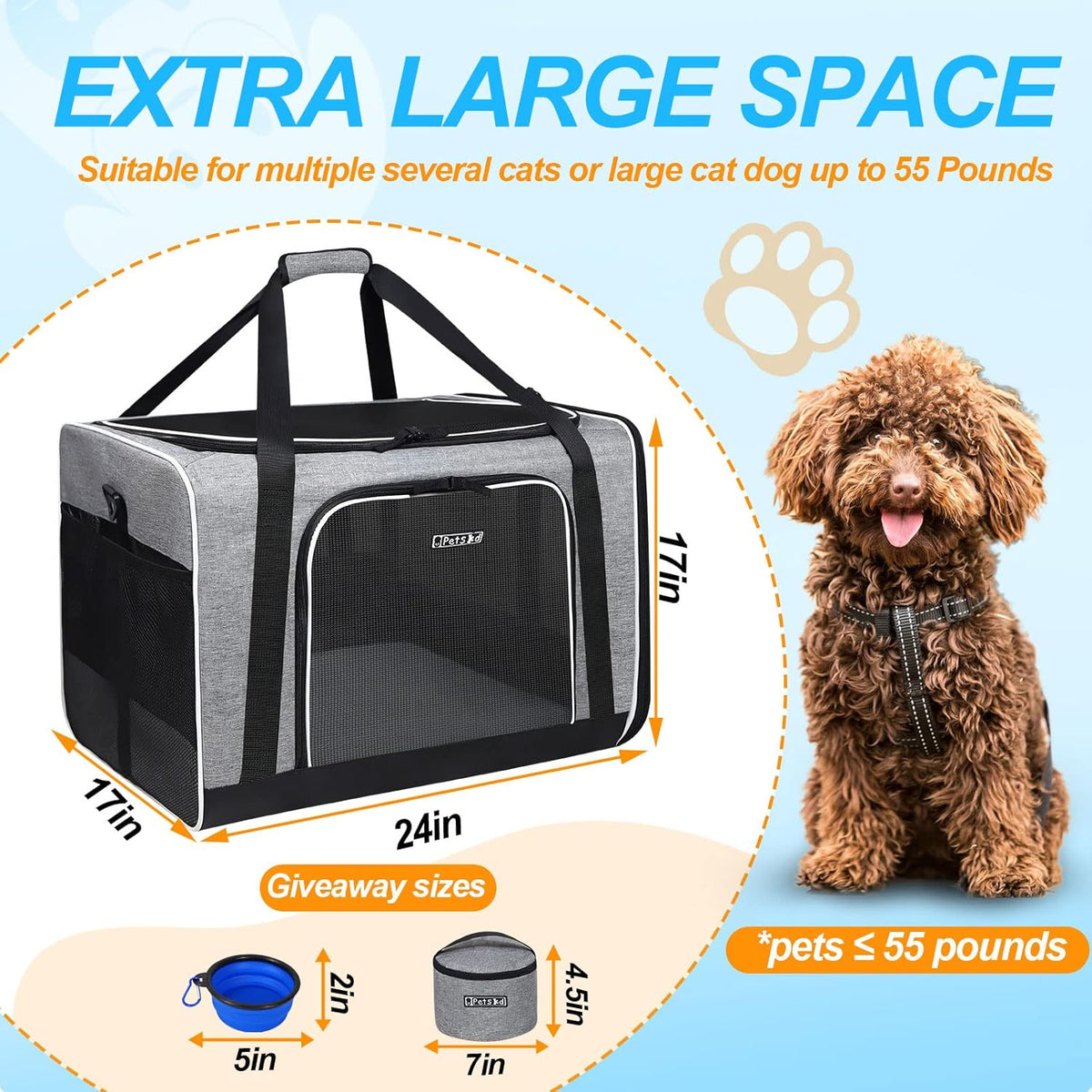 Petskd Extra Large Pet Carrier 24"x17"x17" for Large Cat or Medium Dog, Collapsible Soft Sided Dog cat Carrier for Long Trips with Lockable Safety Zippers(Grey)