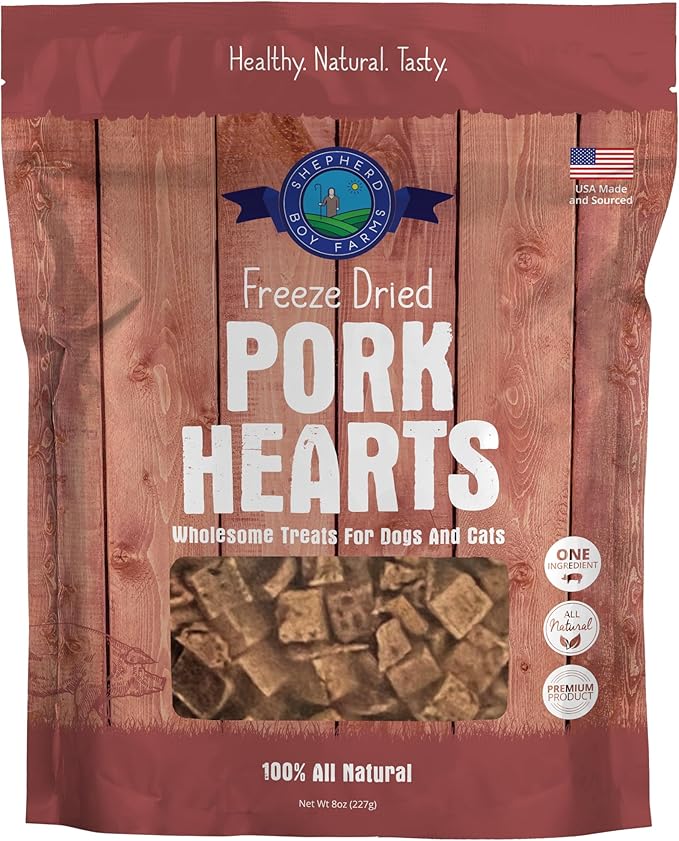 Shepherd Boy Farms Freeze Dried Dog and Cat Treats, Pork Heart, All Natural Single Ingredient Freeze-Dried Treat & Snacks, Made in USA, High Protein, Essential Nutrition of Raw Dog Food, 8oz