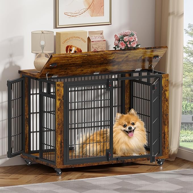 EasyCom 90% Pre-Assembled 33" Small and Meidum Dog Kennel Indoor Furniture, Wooden Dog Crate Furniture with Top-Access Teasing/Feeding Doors, for Medium and Small Breed, with Wheels Moveable