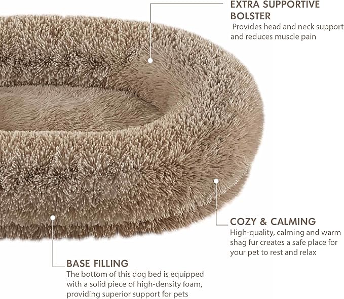 Medium Sized Orthopedic Dog Beds, Donut Calming Pet Beds with Comfort Foam Support, Fluffy Non-Slip Couch for Dog and Cat, with Washable and Indestructible Cover, 32 Inches, Beige