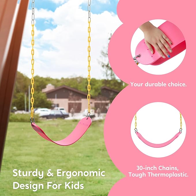 TURFEE Swings for Outdoor Swing Set -SwingSeat Replacement Kits with Heavy Duty Chains - Backyard Swingset Playground Accessories for Kids (Pink)