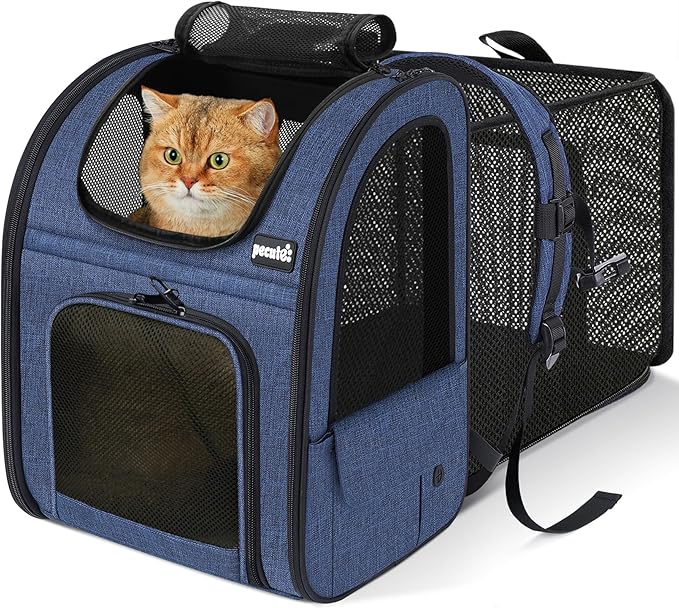 Pecute Cat Backpack Carrier Expandable, Pet Backpack for Cats & Small Dogs Up to 11lbs, with 4-Side Breathable Mesh, Multi-Entry & Lockable Zippers for Travel, Hiking, Camping - Hands Free, Blue