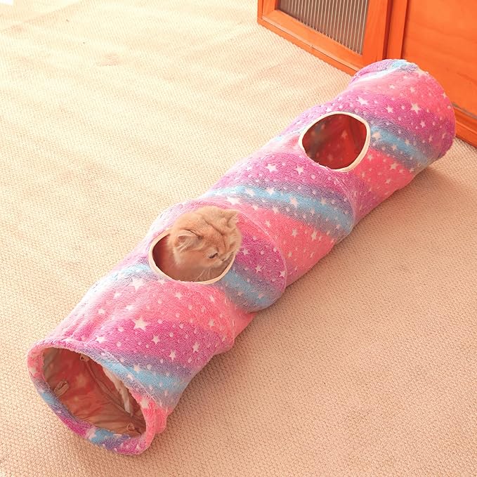 Cat Tunnels for Indoor Cats with Plush Toys Collapsible Glows in The Dark Dog Cat Tunnel Tube Toys Photoluminescent for Indoor Cats Small Dogs Puppy Kitten Rabbit Bunny Ferret Pet Rainbow