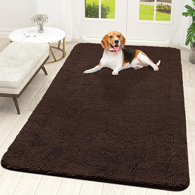 OLANLY Dog Door Mat for Muddy Paws 59x35, Absorbs Moisture and Dirt, Absorbent Non-Slip Washable Doormat, Quick Dry Chenille Mud Mat for Dogs, Entry Indoor Entryway Carpet for Inside Floor, Brown