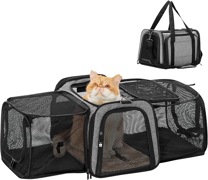 Petsfit 17" x 11" x 11" Airline-Approved Expandable Pet Carrier, 2X Square Expansion Reduces Pet Anxiety, Escape-Proof Self-Locking Zippers, 5 Easy-Access Entrances, for Cats & Small Dogs up to 15 lbs