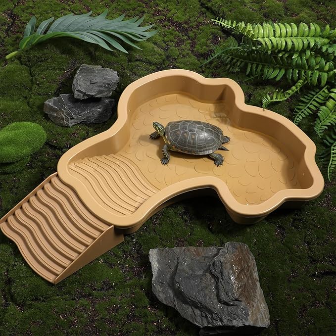 Large Reptile Water Bowl with Ramp, Thickened Non-Slip Feeding Dish & Bathing Pool for Turtle, Snake, Gecko, Bearded Dragons, Lizard Habitat Accessories