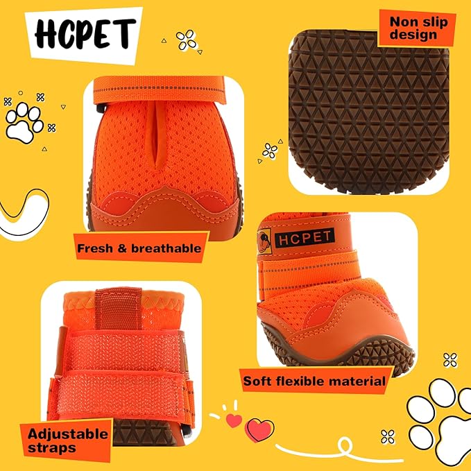 Hcpet Dog Shoes for Large Dogs, Breathable Dog Booties for Small Medium Dogs, Anti-Slip Dog Boots & Paw Protectors for Hot Pavement Winter Snow Hiking with Reflective Straps Orange Size 6