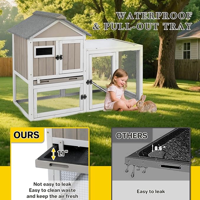 47''L Rabbit Hutch Outdoor Chicken Coop with Run, Wooden Indoor 2 Story Bunny House with Waterproof Roof, Pull Out Tray, Guinea Pig Rabbit Duck Cage for Small to Medium Animals and Pet Lover, Gray