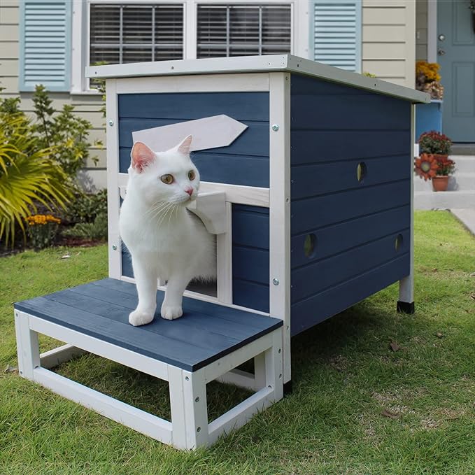 Rockever Outdoor Cat House, Large Outdoor Houses for Feral Cats Wooden Outside Cat Shelter Weatherproof with Escape Door