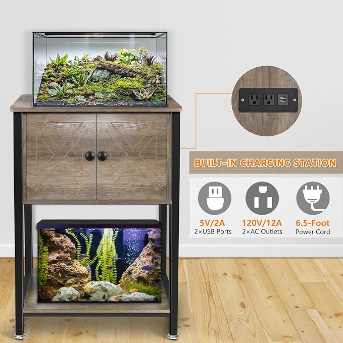 5-10 Gallon Fish Tank Stand, Heavy Duty Aquarium Stand with Cabinet & Power Outlets for Fish Tank Accessories Storage, Double Tank Stand 20.5" L* 11" W Tabletop, 220LBS Capacity, Grey