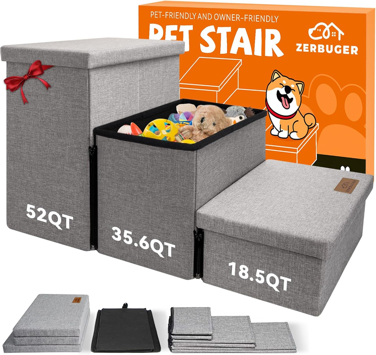 Wider Dog Stairs with Storage 18" H, 3-Step Sturdy Dog Steps for Large/Medium/Small Older Dogs Cats, Folding Pet Stairs Climbing Bed or Couch, Ramp for Car Up to 200 lbs (Gray, No Condo)