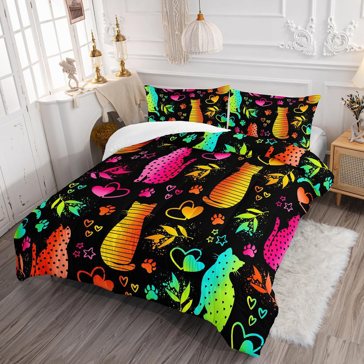 Kawaii Cat Animal Comforter 3Pcs Full Lovely Pet Cat Bedding Set for Kid Teen Girl Boy Adult Room Decor Cartoon Kitten Paw Heart Bamboo Leaf Pattern Quilt with 1 Comforter and 2 Pillowcases