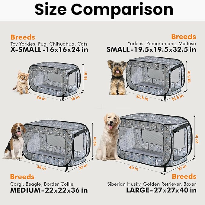 Beatrice Home Fashions Portable, Collapsible, Pop Up Kennel Travel Cat and Dog Crate, 32.5" L x 19.5" W x 19.5" H, Tail Waggers