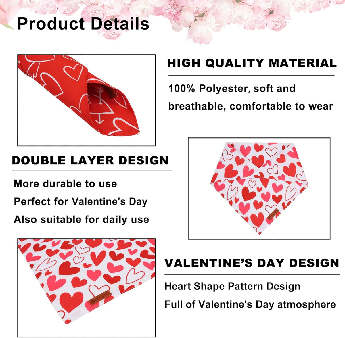 ADOGGYGO Valentine Dog Bandanas, Red Pink Heart Pet Scarf, Multi Size Offered, White Red Valentine Bandana for Large and Extra Large Dogs (X-Large)