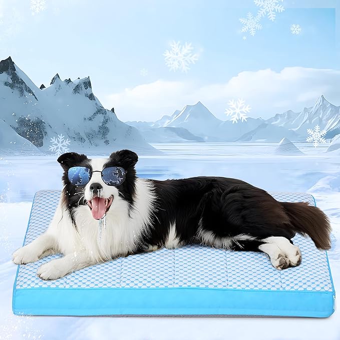 Cooling Dog Bed for Large Dogs - Orthopedic Pet Beds with Memory Foam, QMAX>0.5, Waterproof Removable Washable Cover for Hot Weather, Blue, 35" L x 23" W x 3" H