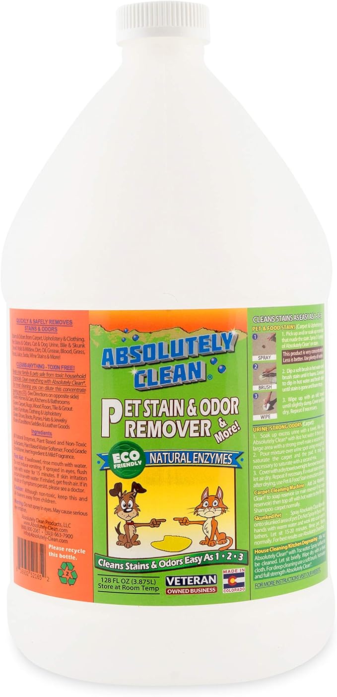 Absolutely Clean Amazing Pet Odor Eliminator for Home, Professional Strength: Natural Enzymes Remove Most Stains in 60 Seconds -Dog/Cat Urine, Vomit, Bile, Feces, Grass, Blood, Drool, More -USA Made