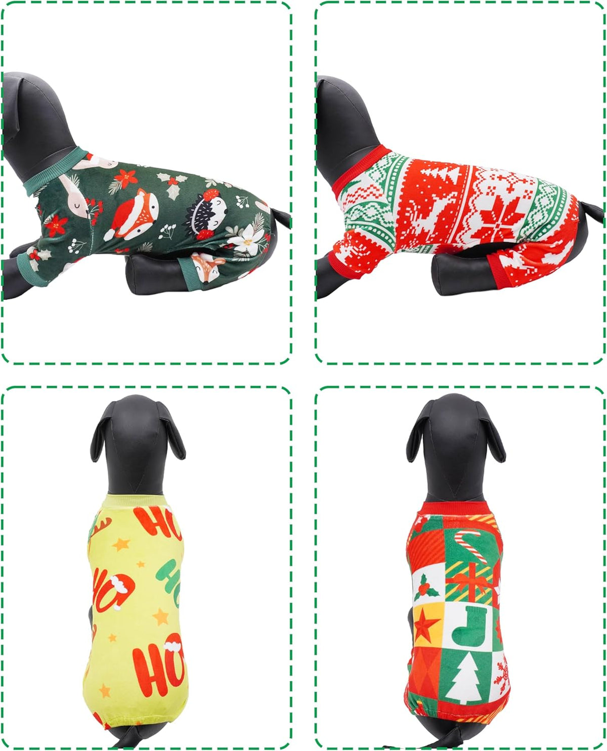 PET SHOW 4 Pack Christmas Small Dog Pajamas Holiday Dog Clothes Doggies Girl Boy Soft Stretchy PJs Xmas Jumpsuit Puppy Cats Onesies Red Green Outfits with Sleeve Pets Dachshund Costume S