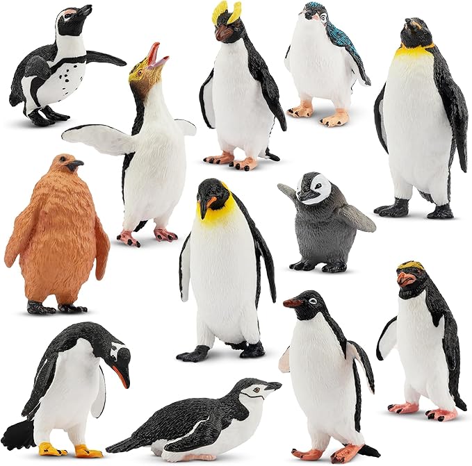 Toymany 12PCS Realistic Penguin Figurines, Plastic Polar Antarctic Animal Figures Set with Penguin Cub, Easter Eggs Cake Toppers Christmas Birthday Gift for Kids Toddlers