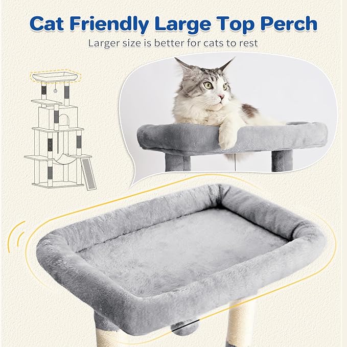 Cat Tree Tower 63in Multi-Level Cat Tower for Indoor Cats with Sisal Scratching Posts, Condo, Hammock, Dangling Ball and Extended Platform for Cats to Play, Light Grey