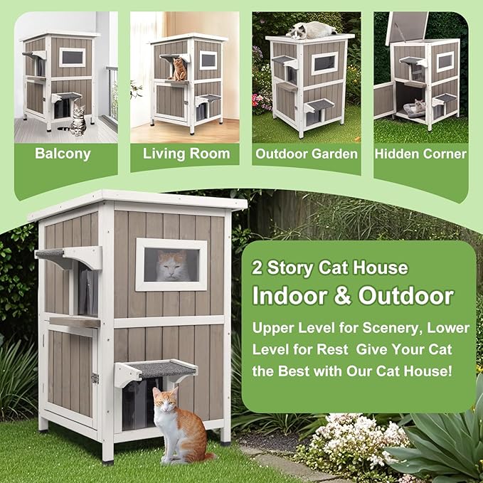 Outdoor Cat House Weatherproof, Two Story Wooden Feral Cat House Shelter with 2 Escape Door, Outside Cat Condo for Small Animals with Openable Asphalt Roof, Grey