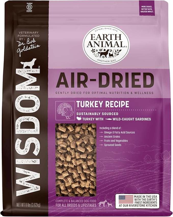 Earth Animal Wisdom Air Dried Dog Food - Turkey Recipe Premium Natural Dry Dog Food for All Breeds & Ages - 8 Lbs Bag