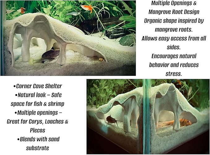 Aquarium & Terrarium Corner Cave – Faux Mangrove Root Hideout for Fish, Shrimp, Geckos, Snakes – Natural-Look Reptile Tank Decor in Textured Root Style (Charcoal, 7.5" x7.5''x4)