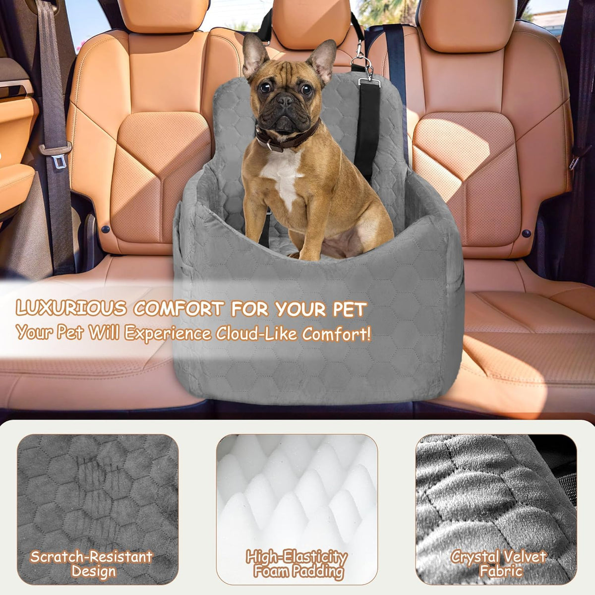 Dog Car Seat for Small/Medium Dogs - Dog Booster Seat with Safety Straps & Non-Slip Base, Travel Pet Car Seat with Storage Pockets, Washable & Removable, Suitable for Dogs Under 35 lbs (Gray)