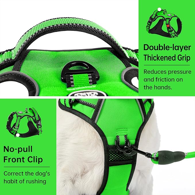 IVY&LANE No Pull Dog Harness for Large Dogs, Dog Vest Harness with Leash, Safety Belt and Storage Strap, Fully Adjustable Harness, 360° Reflective Strip, Soft Handle (Green, XL)
