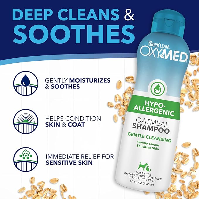 TropiClean OxyMed Hypoallergenic Dog Shampoo for Allergies and Itching, Skin Soothing Shampoo for Pets with Sensitive Skin, Tearless, Cat Safe, 20oz.