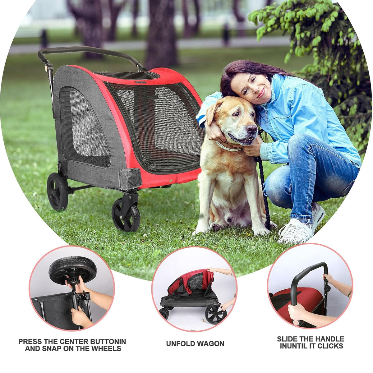 Large Dog Travel Stroller with 4 Heavy Duty Wheels Pet Stroller with Adjustable Handle - Double Doggie Capacity Jogger Wagon with Back Front Door for Small Medium Large Dogs (Red-Black)