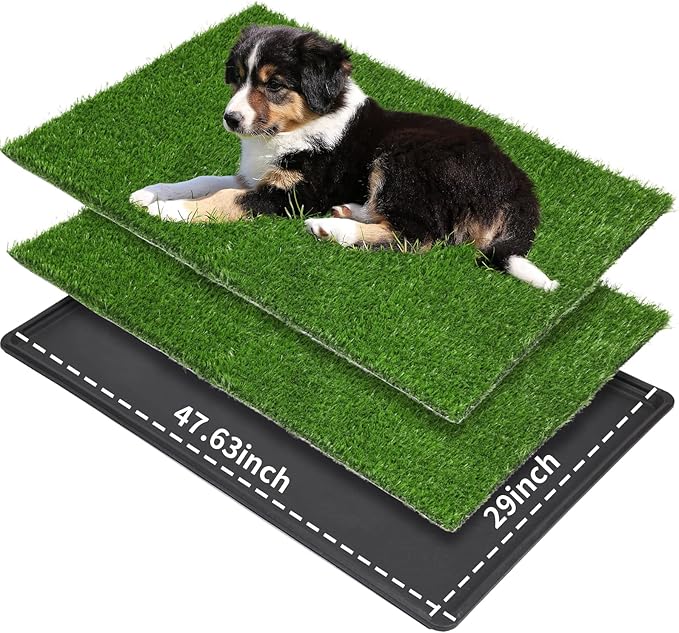 LOOBANI Large Dog Grass Pad with Tray - Dog Litter Box - Indoor Potty for Apartment and Patio Training - with 2 Packs Grass Pee Pads for Replacement, 47.6×29 Inch