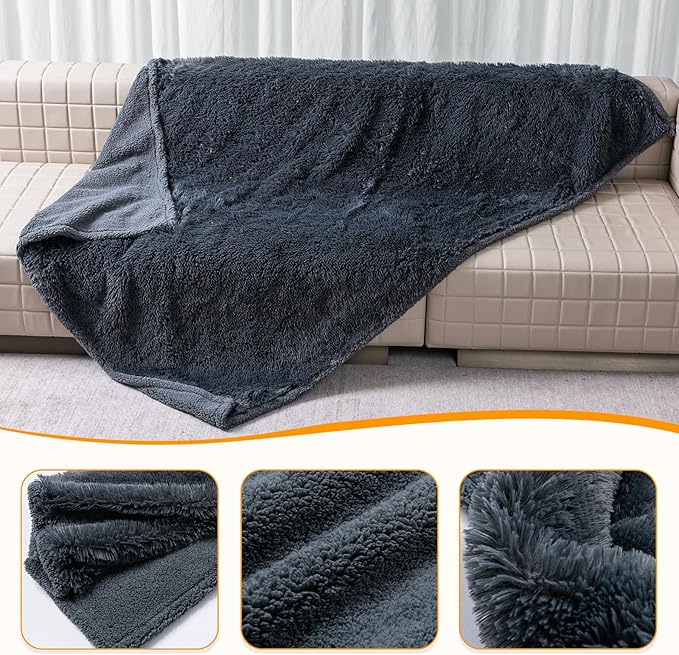 Waterproof Dog Calming Blanket 40x28in Gray Pet Throw Blankets for Dogs Cats Fluffy Long Faux Fur Puppy Couch Cover Reversible Love Bed Mat Washable(Gray,S)