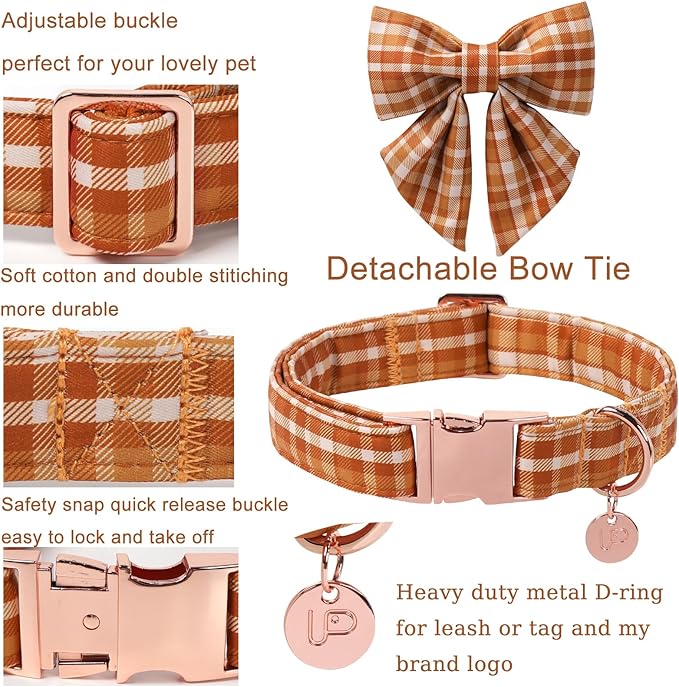 Fall Plaid Dog Collar and Bow Tie Set – Brown Orange Checkered Adjustable Collar with Maple Leaf Charm for Small Medium Large Dogs, Soft Cotton Puppy Collar with Quick Release Buckle