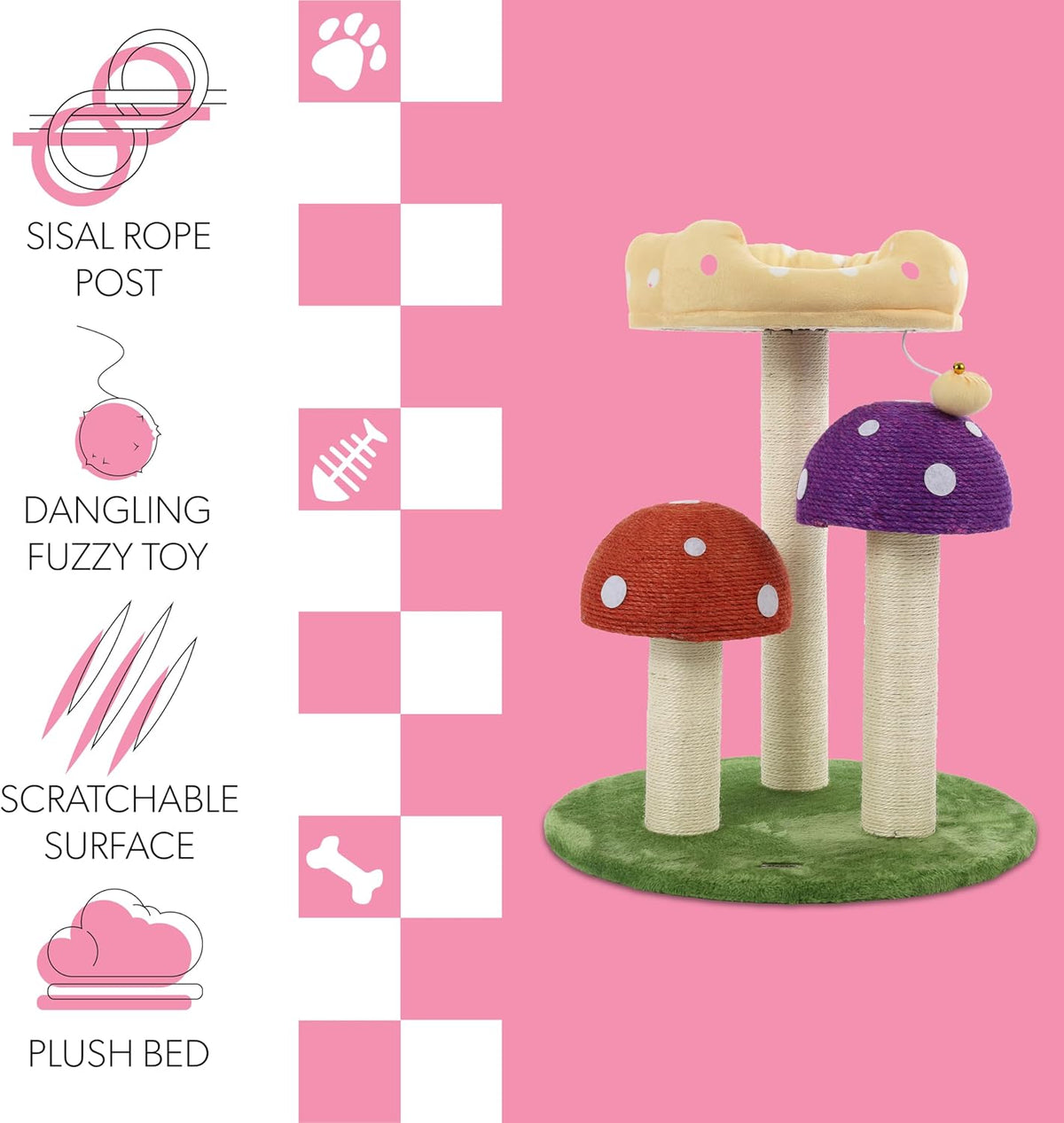CTR1001A Pixie 22.5" 3-Tier Cottage Sisal Mushroom Cat Tree with Scratching Posts, Napping Perch, and Dangling Bell Toy, Multi