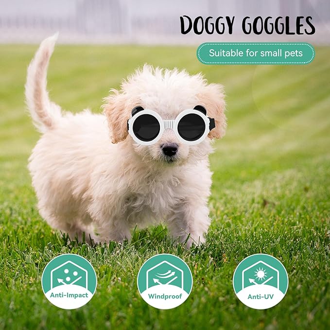 Lesypet Dog Sunglasses Small Breed, Dog Goggles for Small Dogs Eye Protection Windproof Doggie Glasses for Outdoor Driving Hiking UV Protection, White