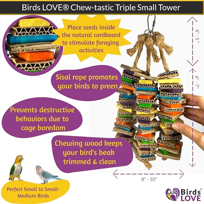 Birds LOVE Chew-Tastic Triple Tower Bird Cage Toy Shredded - Small Bird Toy for Green Cheek Conures Sun Conures Caiques Senegals Quakers and Similar Small Sized Parrots