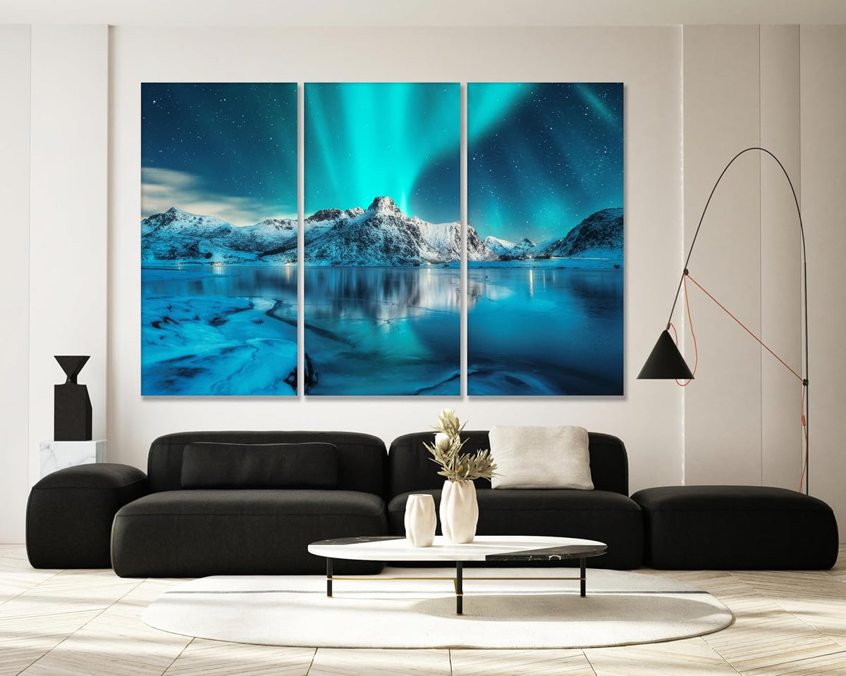 Nature Wall Art Prints - Ocean Forest Mountain Lake Canvas Landscapes - Small to Extra Large Living Room Bedroom Kitchen Bathroom Décor (Northern Lights Over Lake, 55L" x 83W"- 3 Panels)