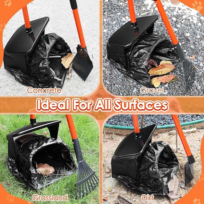 Lukovee Dog Pooper Scooper, 37.4" Long Adjustable Metal Handle Swivel Bin & Rake & Spade Kit with 20 Poop Bags, Portable Dog Non-Breakable Poop Scooper for Gravel Yard Lawn Grass, Orange