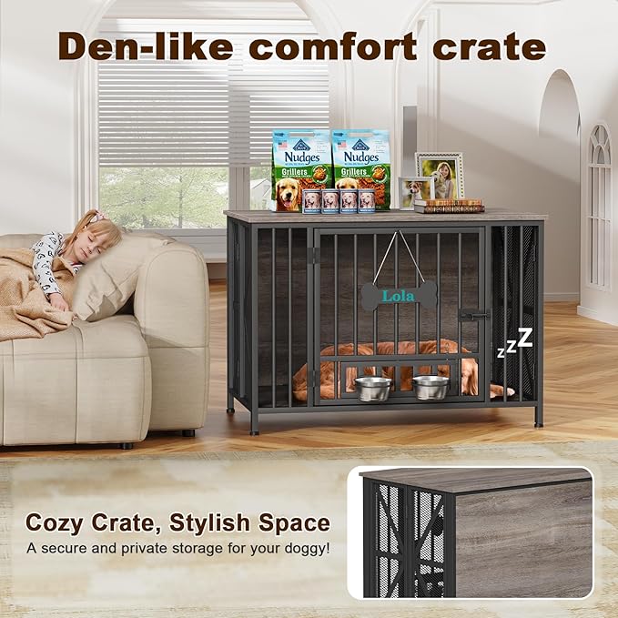 EasyCom Foldable Dog Crate Furniture, 41.3" Dog Crates for Medium/Large Dogs, Wooden Dog Kennel Indoor with Tag & Adjustable Bowls, Dog Cage Use as End Table/TV Stand, Oak Grey