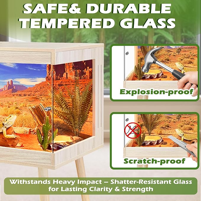 Royxen Tempered Glass Bearded Dragon Tank,81 Gallon Reptile Tank with Leg Stand,Built-in Lighting Reptile Enclosure Scartch-Proof Bearded Dragon Encloure for Chameleon,Snake,Lizard(Oak,48"x 20"x 20")