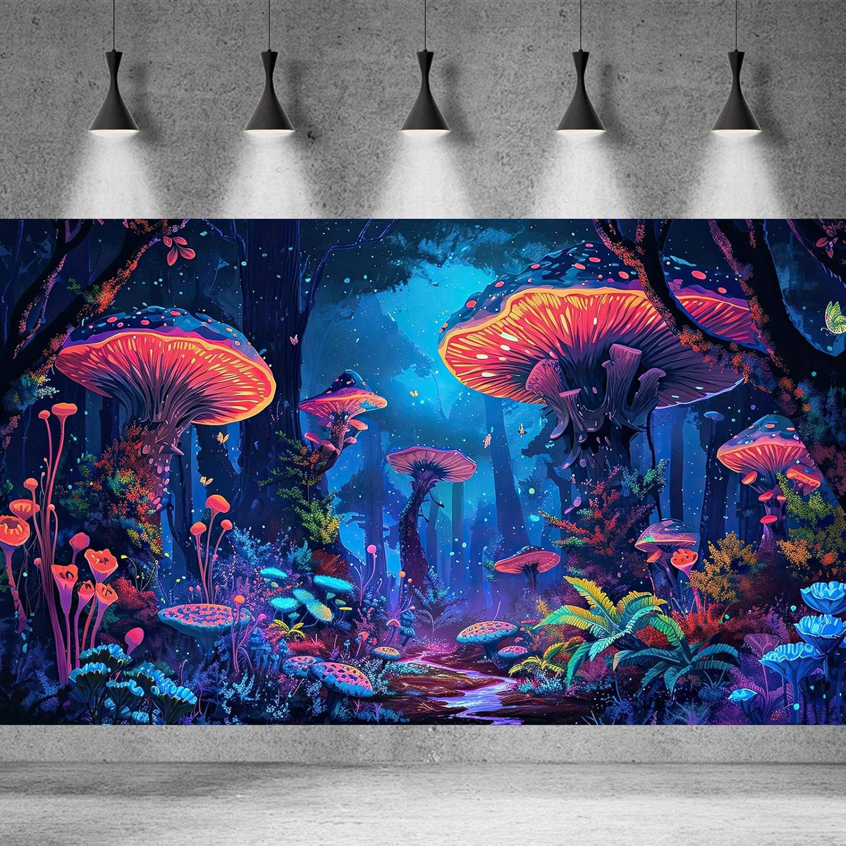 Mushrooms Aquarium Background Fantasy Bright Flowers Butterflies Fish Tank Backdrop Decoration Poster Trippy Wonderland Landscape with Giant Mystical Mushrooms Terrarium Background Decor 36x18in