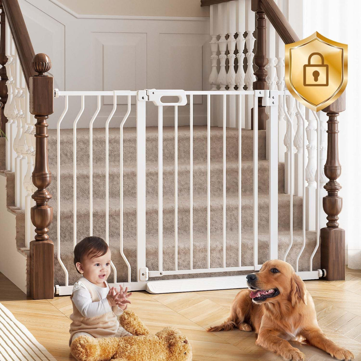 Mom's Choice-GROWNSY Baby Gate for Stairs, 29.5"-48.4" Pressure Mounted Baby Gate for Top of Stair&Doorway with V-Shaped Rods, Anti-Trip Pedal, Extra Wide Stairs Dog Gate Easy Install w/Red Reminder