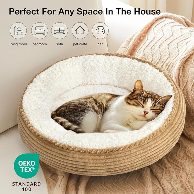 Love's cabin Round Donut Cat and Dog Cushion Bed, 20in Pet Bed for Cats or Small Dogs, Anti-Slip & Water-Resistant Bottom, Super Soft Durable Fabric Pet beds, Washable Luxury Cat Dog Bed Stripe Camel