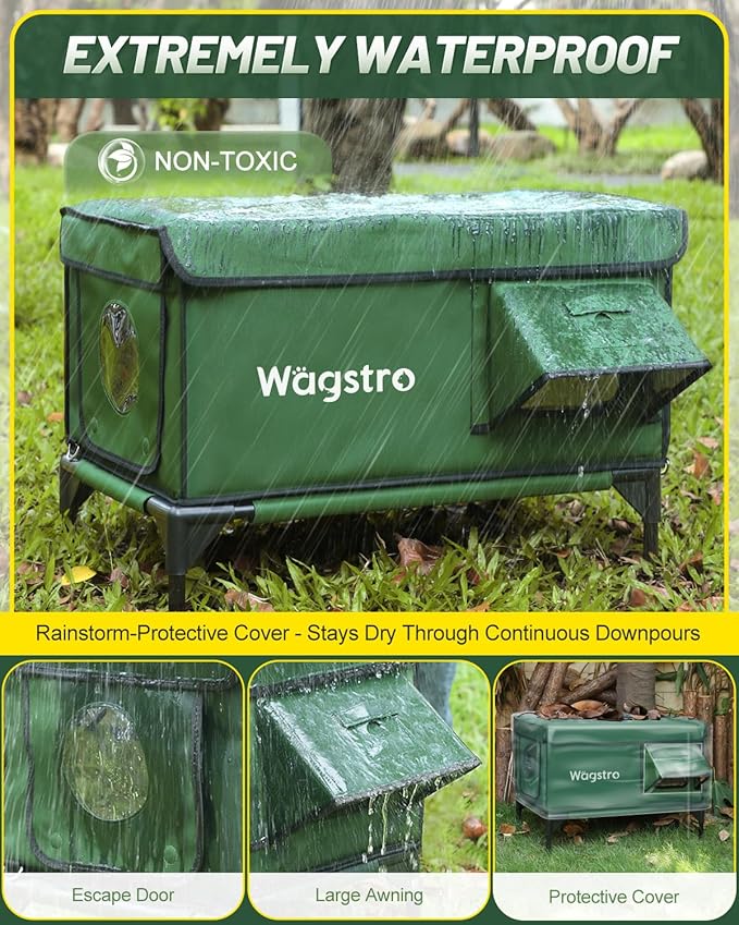 Heated Cat House for Outside, Insulated Weatherproof Heated Outdoor Cat House with Waterproof Eaves & Escape Door, Elevated Outdoor Cat Shelter for Feral Stray Cat (Green, 25.6"x17"x18")