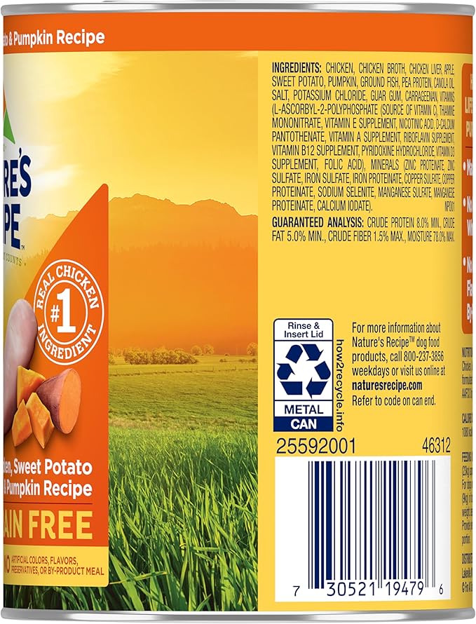 Nature's Recipe Grain Free Wet Dog Food Chicken, Sweet Potato, and Pumpkin Recipe, 13 oz. Can (Pack of 12)