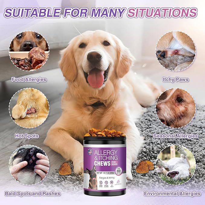 Dog Allergy Chews - Dog Allergy and Itching Skin Relief Anti Itch Aller Immune Bites for Dogs licking Paws Relief Itchy Chew Probiotics Vitamins for Skin and Coat Allergies - (Peanut Butter, 200 Ct)
