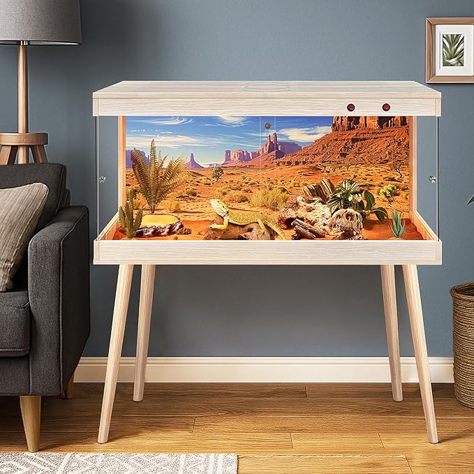 Royxen Tempered Glass Bearded Dragon Tank,33 Gallon Reptile Tank with Leg Stand,Built-in Lighting Reptile Enclosure Scartch-Proof Bearded Dragon Encloure for Chameleon,Snake,Lizard(Oak,32"x 16"x 16")